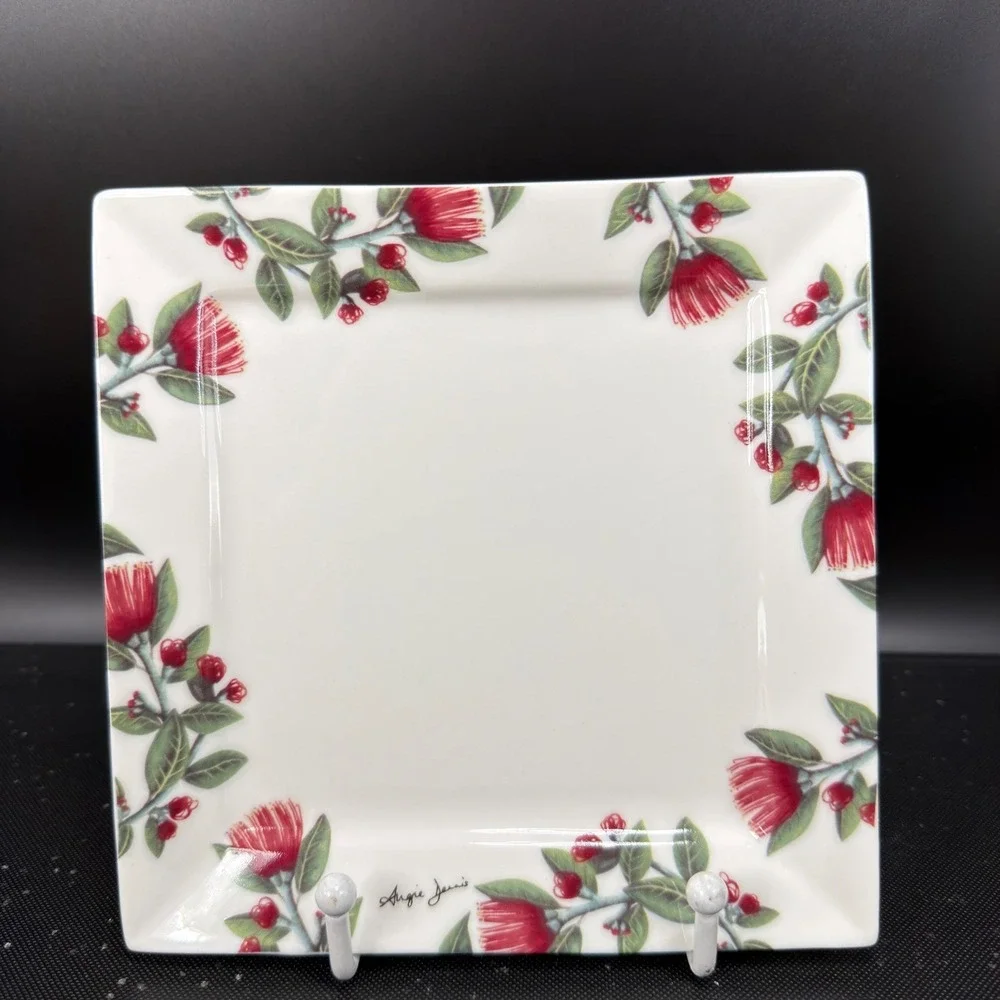 Angie Dennis Intuition Square Plates Set of 2 Red Pohutukawa‎ New Zealand Floral
